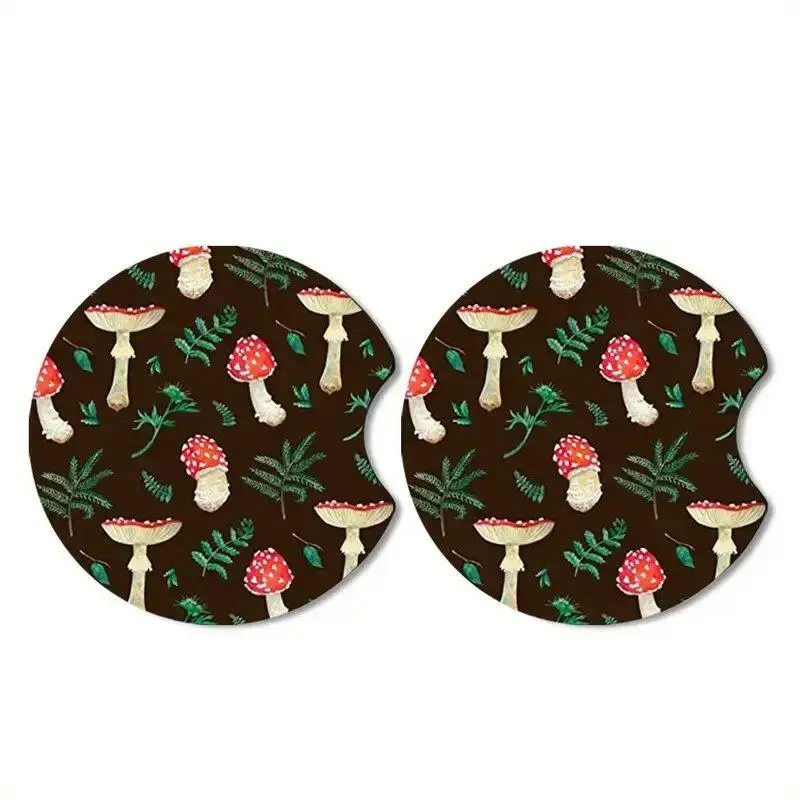Mushroom Pattern Car Coaster, 2 Counts Round Car Cup Holder Coaster, Car Interior Decoration Accessories for Women & Men