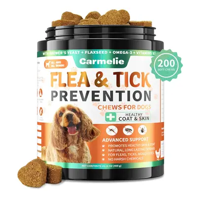 Carmelie Natural Flea & Tick Support for Dogs β 200 Chews, All Breeds & Sizes, Supports Healthy Skin & Coat with Omega-3, P...