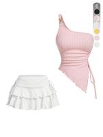 Two-Piece Set Women's Solid Ribbed Crop Tank Top & Skirt, Casual Fashion Cozy for Daily Outdoor Wear, Ladies Clothes for Summ...