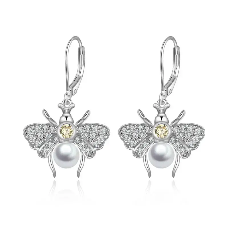 Sterling Silver Circular Shaped Pearl Bees Lever-back Earrings