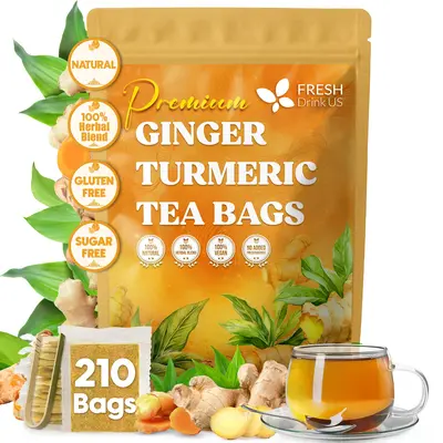 Premium 210 Turmeric Ginger Tea Bags, 100% Natural Ingredients, Hand-made Blend of Turmeric and Ginger, Eco-conscious Tea Bag...