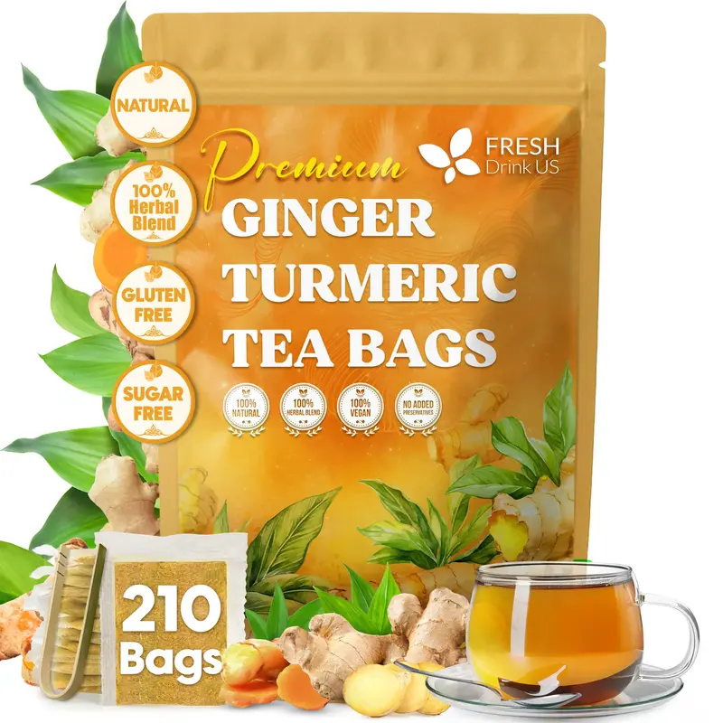 Premium 210 Turmeric Ginger Tea Bags, 100% Natural Ingredients, Hand-made Blend of Turmeric and Ginger, Eco-conscious Tea Bag...