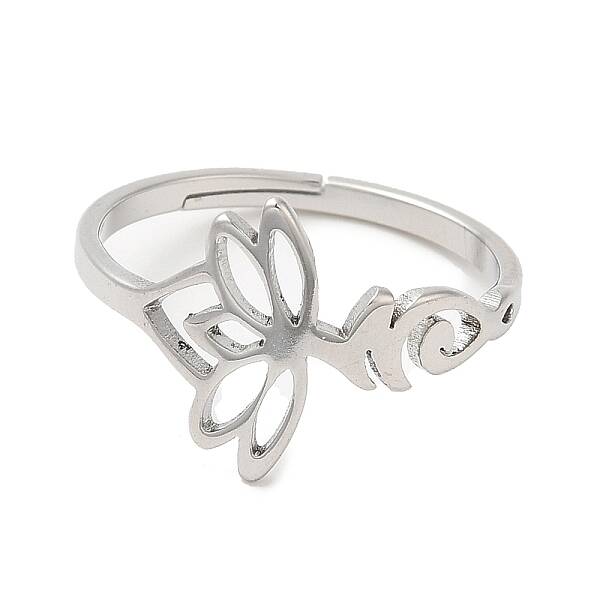 Non-Tarnish 304 Stainless Steel Hollow Lotus Adjustable Ring for Women