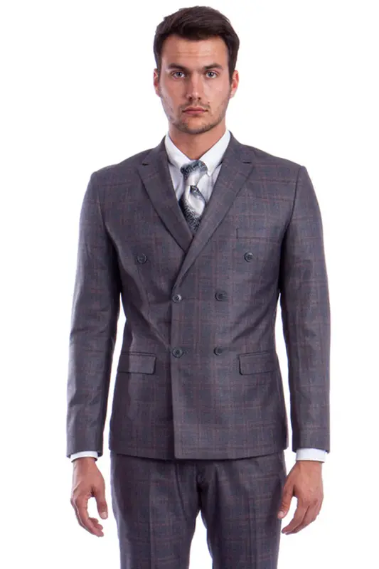 Glen Plaid Charcoal Grey Suit - Men's Slim Fit Double Breasted