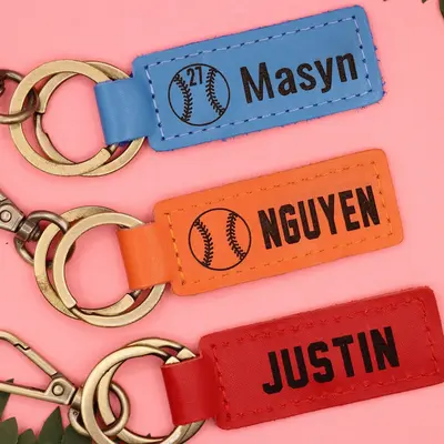 Colorful Leather Baseball Keychain , Real Leather, Same Day Shipping, Free Shipping US
