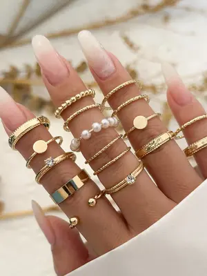 Women's 16pcs Rhinestones Faux Pearls Decor Ring