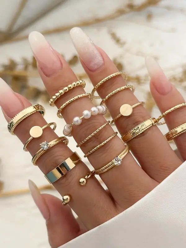 Women's 16pcs Rhinestones Faux Pearls Decor Ring