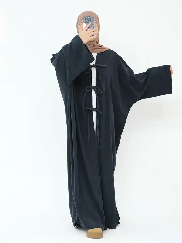 Women's Solid Color Tie Front Batwing Sleeve Abaya, Casual Long Sleeve Thickened Outerwear for Fall & Winter, Women's Islamic...