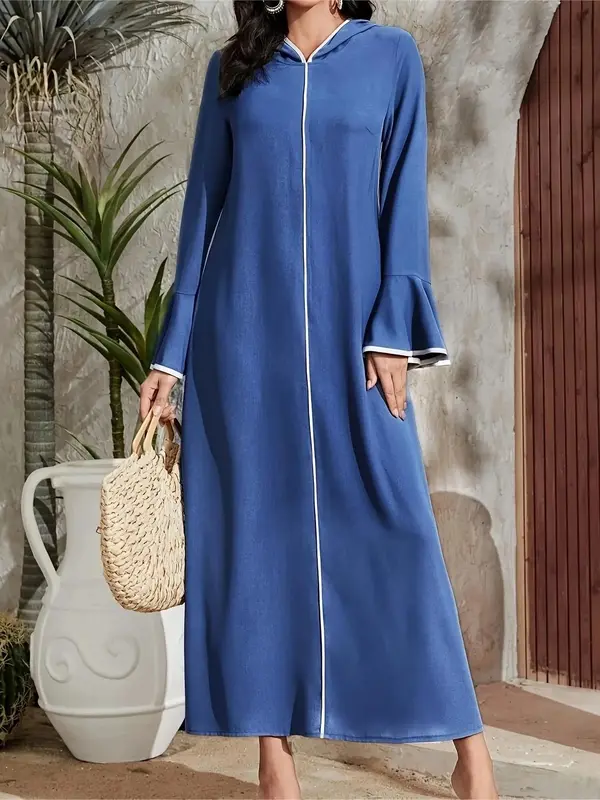 Arabic Clothing-Contrast Binding Flounce Sleeve Hooded Dress, Modest Long Sleeve Arabian Dress for Spring & Fall, Women's Isl...