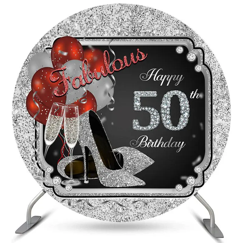 Aperturee Silver Glitter Heels Red Balloons Round Birthday Backdrop | Round Backdrop Fabric Cover | Circle Birthday Backdrop ...