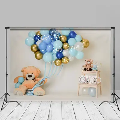 Teddy Bear Balloons 1st Birthday Portrait Backdrop - Aperturee
