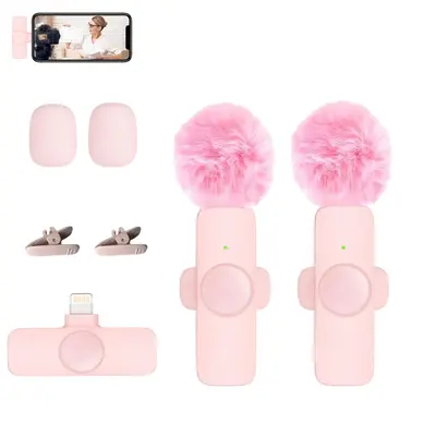 2 Pcs Pink Wireless Lavalier Mini Microphone for iPhone iPad, Professional Lapel Mics, Plug-Play,Ultra-Low Delay Noise Reduct...