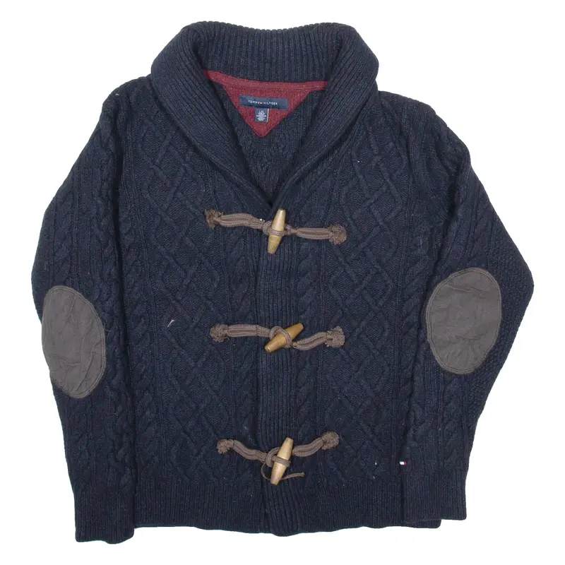 TOMMY HILFIGER Mens Cardigan Blue V-Neck Cable Knit L