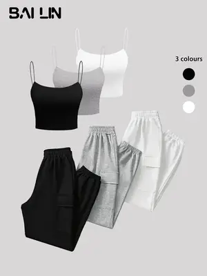 Women's Solid Color Crop Cami Top & Elastic Waist Sweatpants Set, Casual Sleeveless Spaghetti Strap Crop Top & Flap Pocket Jo...