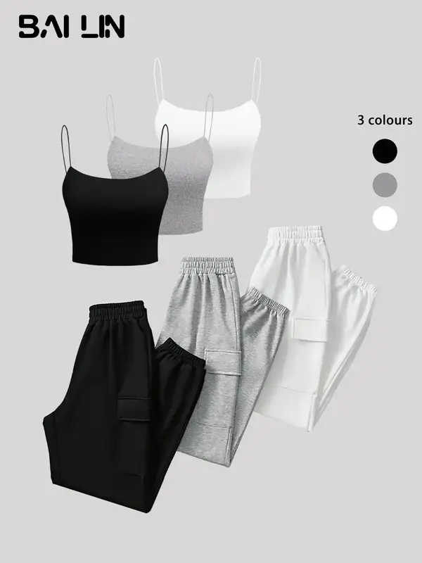 Women's Solid Color Crop Cami Top & Elastic Waist Sweatpants Set, Casual Sleeveless Spaghetti Strap Crop Top & Flap Pocket Jo...