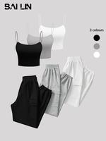 Women's Solid Color Crop Cami Top & Elastic Waist Sweatpants Set, Casual Sleeveless Spaghetti Strap Crop Top & Flap Pocket Jo...