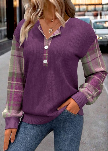 Modlily Purple Button Plaid Long Sleeve Split Neck Sweatshirt - S