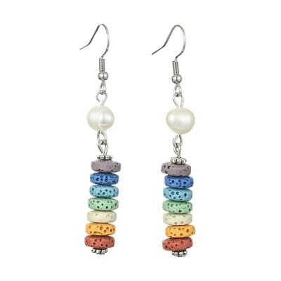 Natural Pearl & Dyed Lava Rock Disc Beaded Dangle Earrings