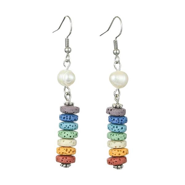 Natural Pearl & Dyed Lava Rock Disc Beaded Dangle Earrings