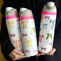 Bow Pattern Stainless Steel Vacuum Flask, 1 Count Portable Insulated Water Bottle with Straw, Summer Cool Bottle Drinking Cup...