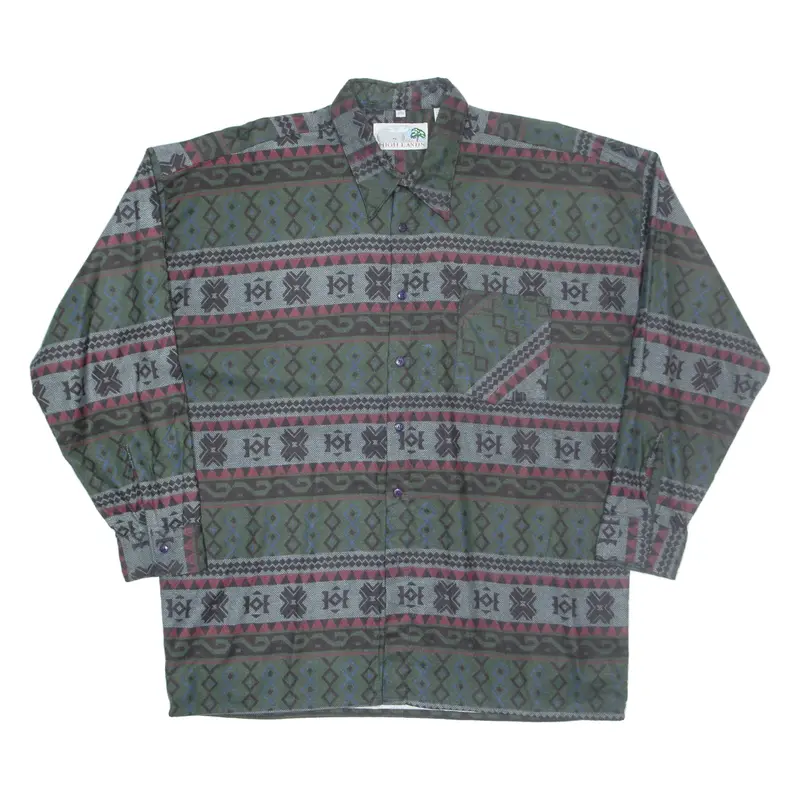 HIGHLANDS Mens Shirt Green Crazy Pattern Long Sleeve XL