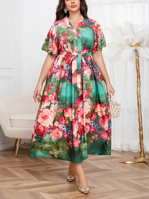 ćPlus Sizeć Floral Print Belted Dress, Boho Fashion Casual Long Dress for Daily Holiday Vacation Wear, Women Plus Clothin...