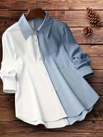 Women's Patchwork Curved Hem Shirt, Casual Long Sleeve Collared Top for Summer, Ladies Clothes for Daily Wear, Blouse