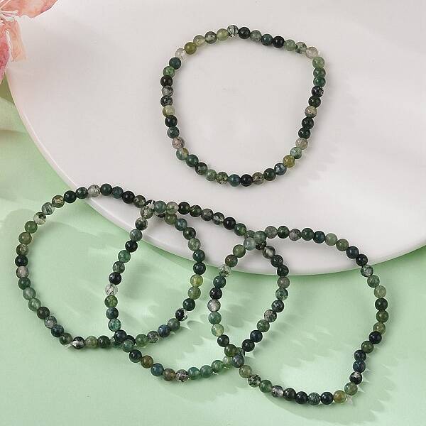 Natural Moss Agate Beads Stretch Bracelets