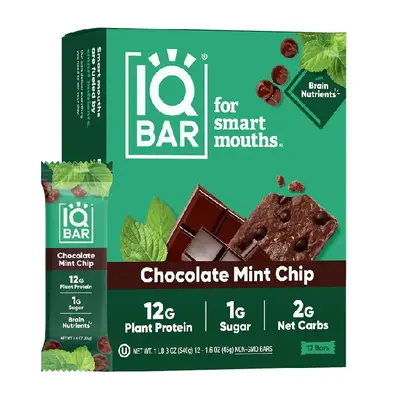 IQBAR Chocolate Mint Chip (12 Bars) - Brain and Body Keto Protein Bars - 12-Count Energy Bars - Low Carb/Sugar - High Fiber M...