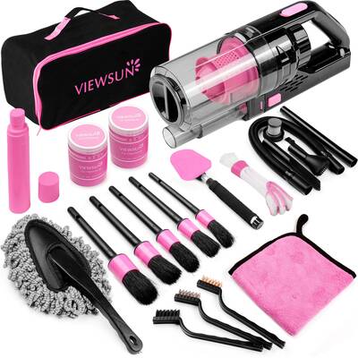 ăTikTokShopSpringGlowUpăViewsun 17pcs Car Cleaning Kit, Pink Car Interior Detailing Kit with High Power Handheld Vacuum,