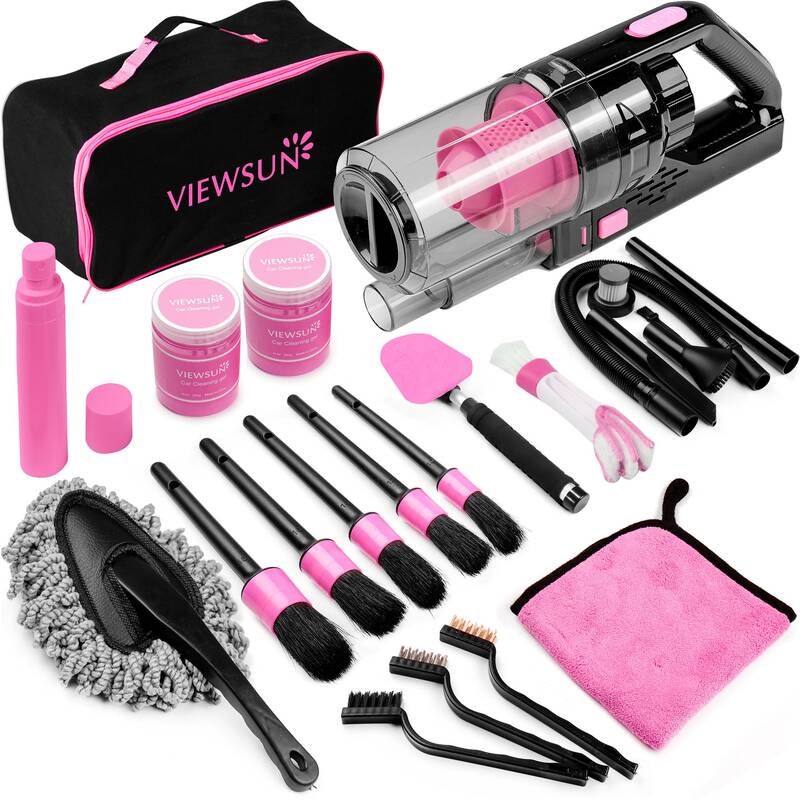 【TikTokShopSpringGlowUp】Viewsun 17pcs Car Cleaning Kit, Pink Car Interior Detailing Kit with High Power Handheld Vacuum,