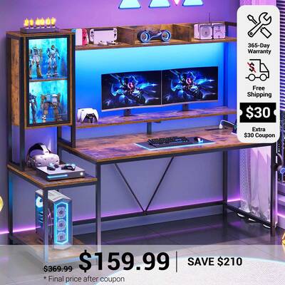 SEDETA | 60 Inch LED PC Gaming Desk with Storage Shelves and Display Cabinet Rustic Brown Home Office Furniture
