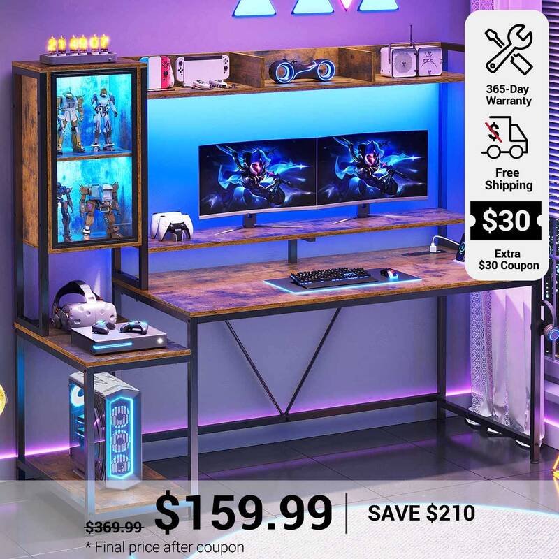 SEDETA | 60 Inch LED PC Gaming Desk with Storage Shelves and Display Cabinet Rustic Brown Home Office Furniture