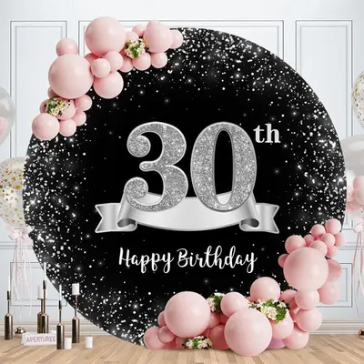 Aperturee Sliver And Black Round 30th Happy Birthday Backdrop