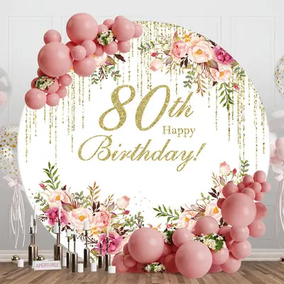 Floral Gold Tassels Round 80th Birthday Backdrop - Aperturee