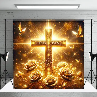Aperturee Gold Sparkle Floral Cross He Is Risen Easter Backdrop, 3X2FT(1MX0.6M), 14 USD, easter backdrops, NYHD6I13-M