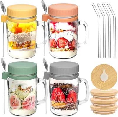 Mason Life Overnight Oats Containers with Lids and Spoons - 16 oz Mason Jars with Handle Set of 4 - Airtight Glass Meal Prep ...
