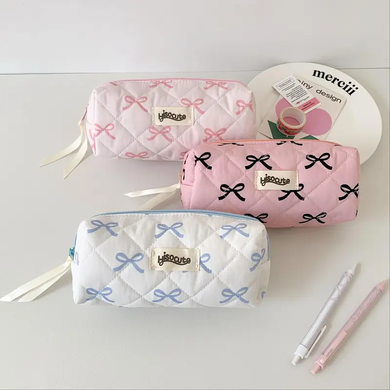 Quilted Pencil Bag, 1 Count Bow Print Zipper Stationery Organizer, Desk Organizer for Home Office School, Office Supplies