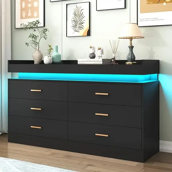 6 Drawer Dresser with LED Light, Modern Chest of Drawers for Closet, Wide Drawer Organizer Cabinet for Bedroom, Living Room, ...