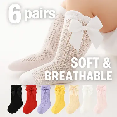 6 pairs Infant Girls Socks, Cute Bowknot Decoration Knee-Length Knitted Lolita Socks for