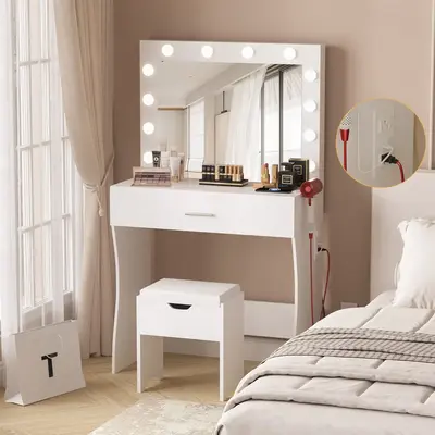 Vabches Vanity Table Set with Lighted Mirror - Makeup Vanity with Charging Station, Large Drawer Sturdy Wood Vanity with Ligh...