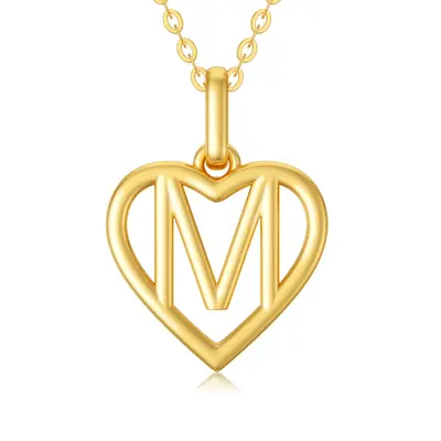14K Gold Heart Pendant Necklace with Initial Letter M