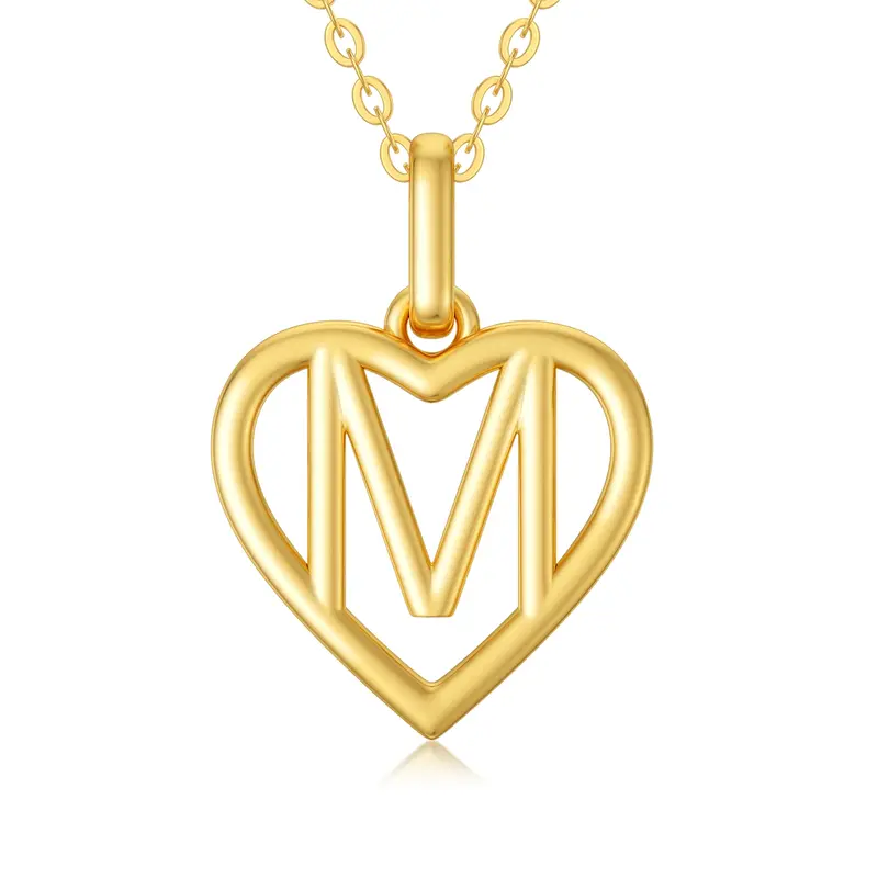 14K Gold Heart Pendant Necklace with Initial Letter M