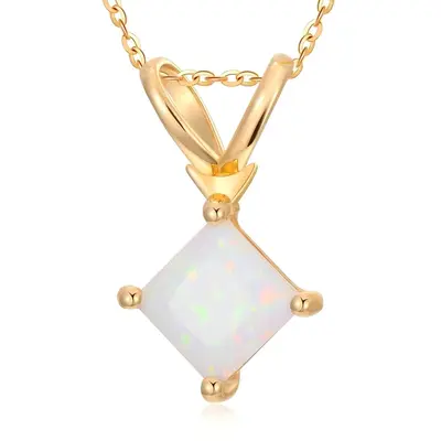 10K Gold Opal Square Pendant Necklace