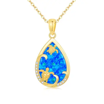 14K Gold Opal Sea Turtle & Drop Shape Pendant Necklace