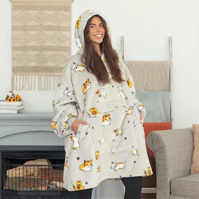 Wearable Pet Pocket Hoodie Blanket - Blue Cat