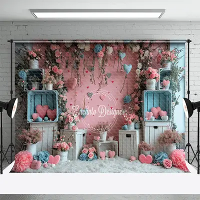 Pink Wall Flowers Love Hearts Valentine Backdrop - Aperturee