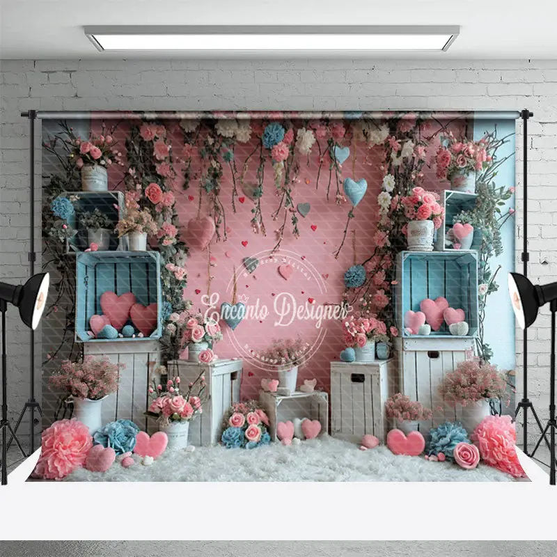 Pink Wall Flowers Love Hearts Valentine Backdrop - Aperturee