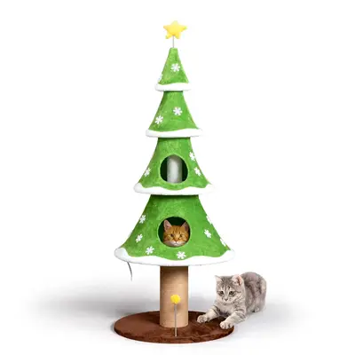 Rebuyhome 59in Large Tall Christmas Tree Cat Tower with 2 Cat Condos & Scratching Post, Soft Fleece Cat Tree with Teaser Toy ...