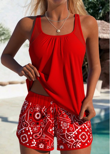 Modlily Tummy Coverage Mid Waisted Paisley Print Red Tankini Set - L